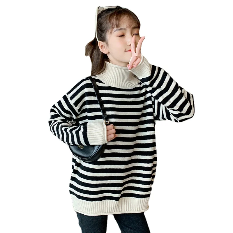 

Свитер жаккардовый в полоску для девочек, вязаный пуловер с высоким воротником, модная одежда для подростков, топ с круглым вырезом, весна-о...