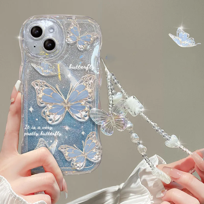 

Luxury Butterfly Glitter Clear Soft phone case for iphone 13 12 11 14 Pro Max 14 Plus Hang Chain Lanyard Cute Silicone Cover