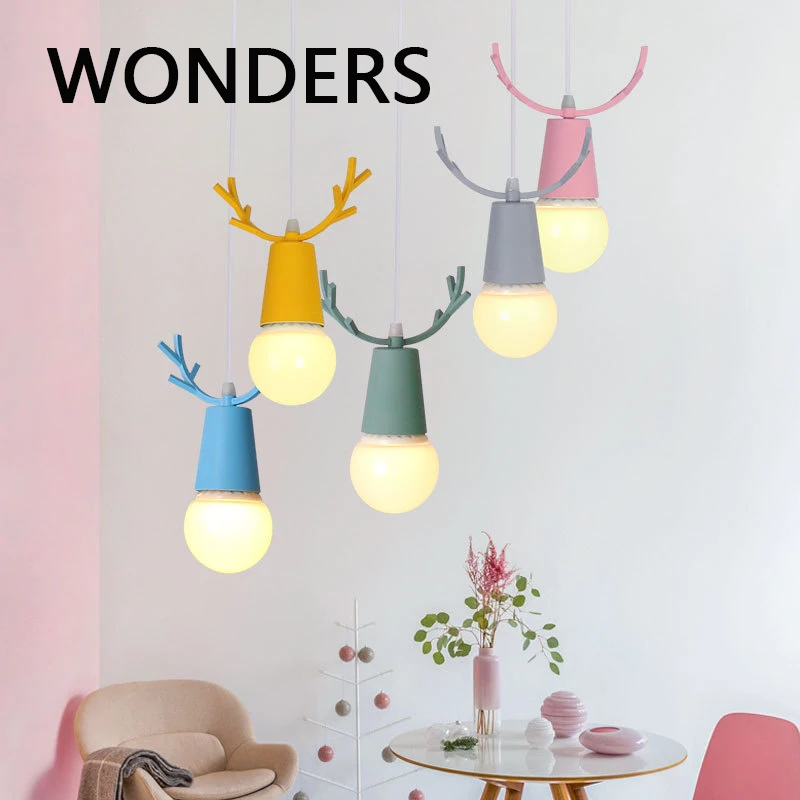 

Nordic Elk Colorful Macarons Iron Hanging Lamp Children Kids Pendant Light Modern E27 LED Chandelier Home illumination Fixture