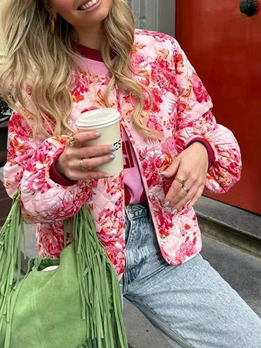 Женская Стеганая куртка на пуговицах Легкий Повседневный Кардиган с цветочным