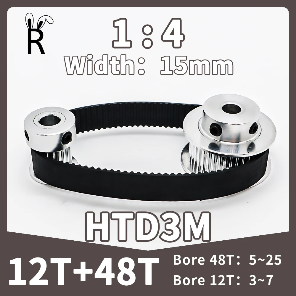 

12T 48Teeth HTD 3M Timing Pulley Belt Set Belt Width 15mm Bore 3~25mm Reduction 1:4 Deceleration Pulley Kit Synchronous Wheel 3M