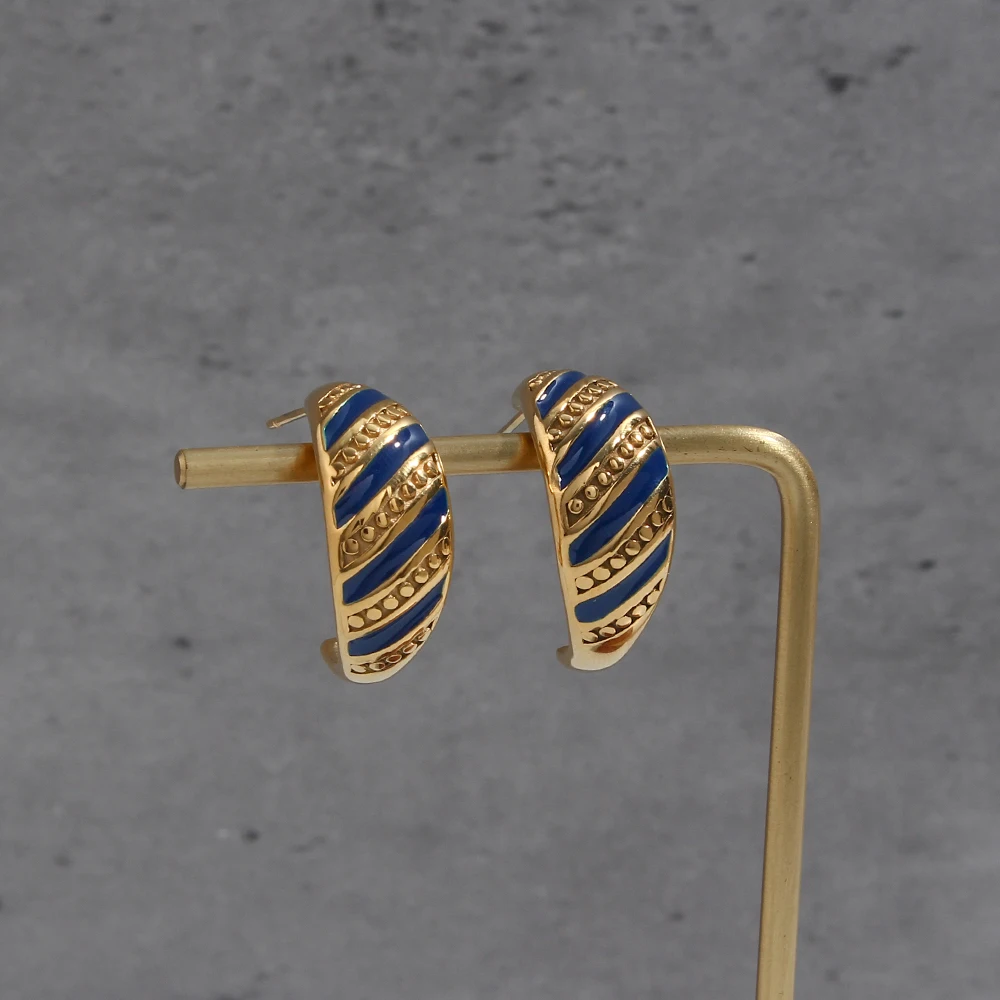 

2021 Summer New Stainless Steel 18K Gold Plated Vintage Gold Statement Earring Blue Enamel Croissant Earrings For Women