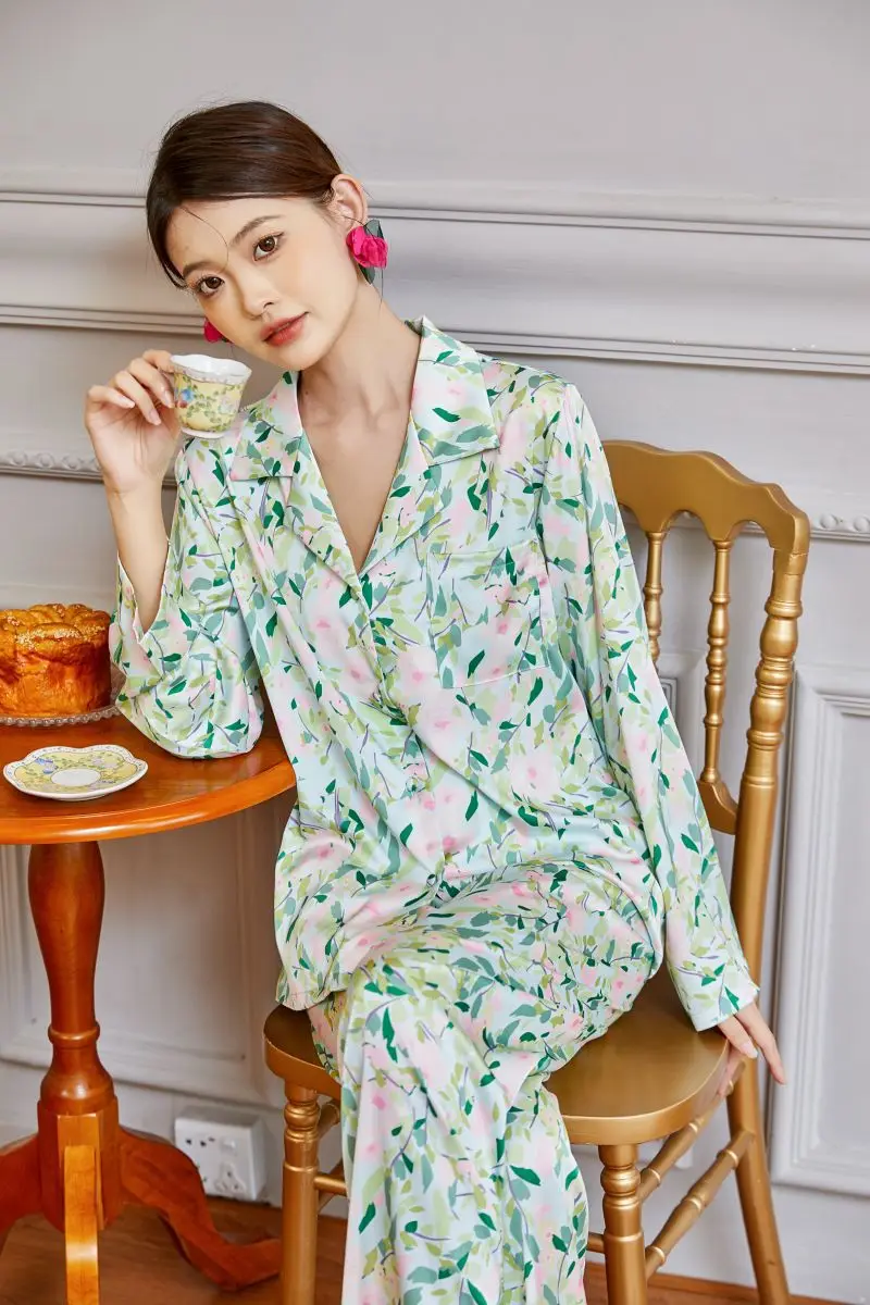 2022 new pajamas women's pastoral style floral ice silk homewear suit  pigiami donna pajamas for women
