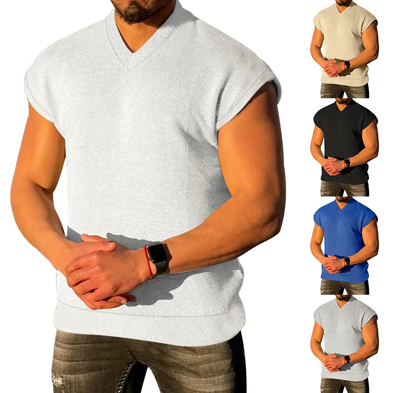 

Man Summer V-neck Tshirt Casual Fit Youth Mens Tank Top Sleeveless Waffle Boys White Blue Sleeveless T-shirt Plus Size Xxxl