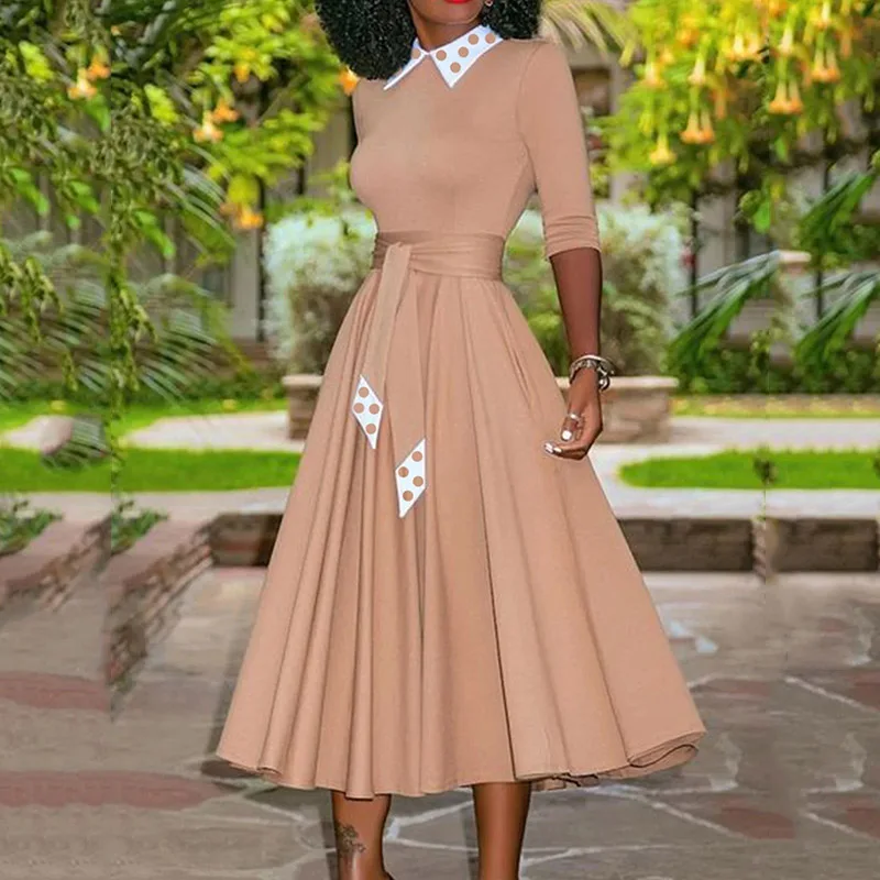 

Платье-миди женское с поясом, повседневное офисное платье-трапеция в горошек, с длинным рукавом, отложным воротником и высокой талией, одежд...