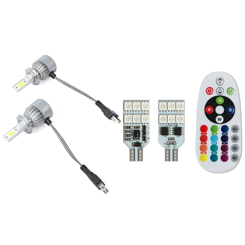 

2Pcs C6 LED Car Headlight Kit COB H7 36W 7600LM White Light Bulbs & 1Set T10 RGB W5W LED Car Clearance Lights