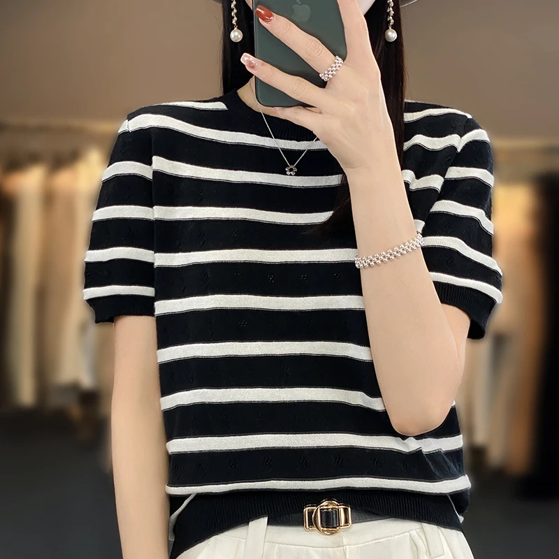 

100% Cotton T-Shirt Women's Tees Summer Thin Hollow Blouse Female Pullover Casual Striped Short Sleeve O-Neck Knitted Tops Tees