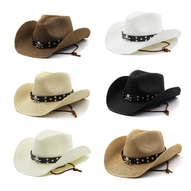 

Vintage Cowboy Hat Large Metal Skull Brim Hat Straw Weaving Cowboy Hat Accessory for Summer Sunproof Drop Shipping