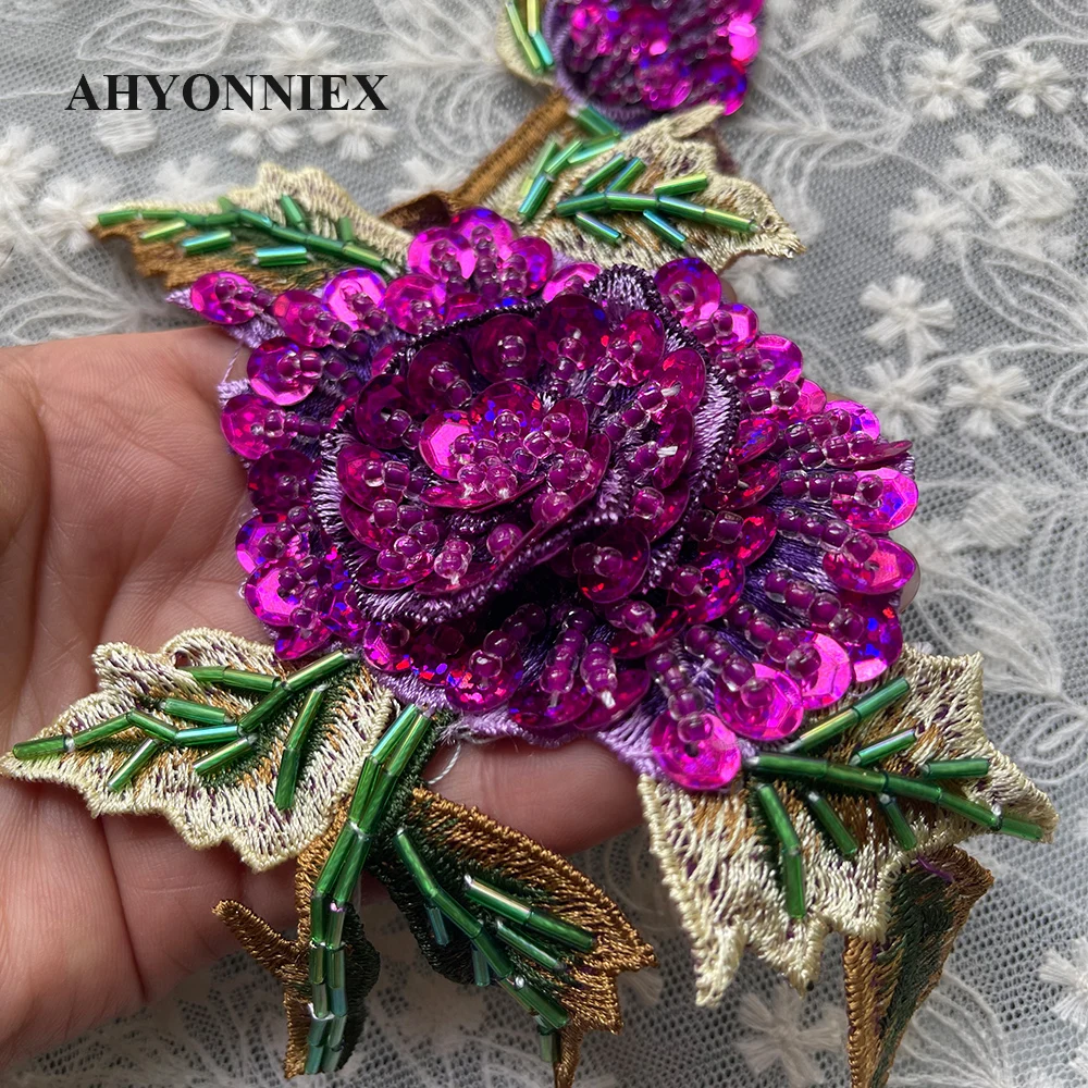 

11CM X 20CM Long Sequins Flowers Patches Fashion Embroidered Applique for Clothing Sew On Patch for Clothes