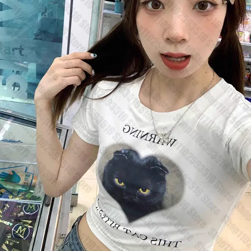 

Aesthetic Y2k Streetwear Crop Tops Kawaii Heart graphics Black Tees Short Sleeve 90s vintage T Shirt Womens 2023 Summer Clothes