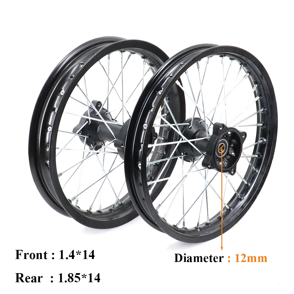 

Мотоциклетные 14-дюймовые передние колесные диски 1,4x14 сзади 1,85x14 из алюминиевого сплава с ступицей 12 мм/15 мм 14 дюймов для мотокросса, питбайка, велосипеда