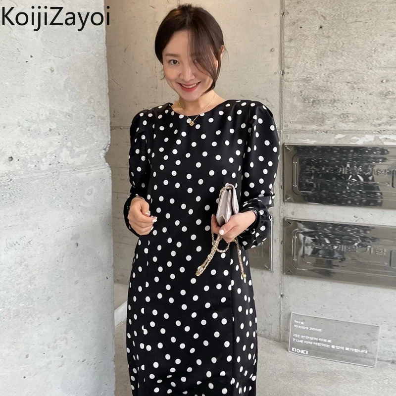 

Женское прямое платье макси в горошек Koijizayoi, шикарные весенние свободные платья с длинным рукавом и круглым вырезом, шифоновые ретро платья...
