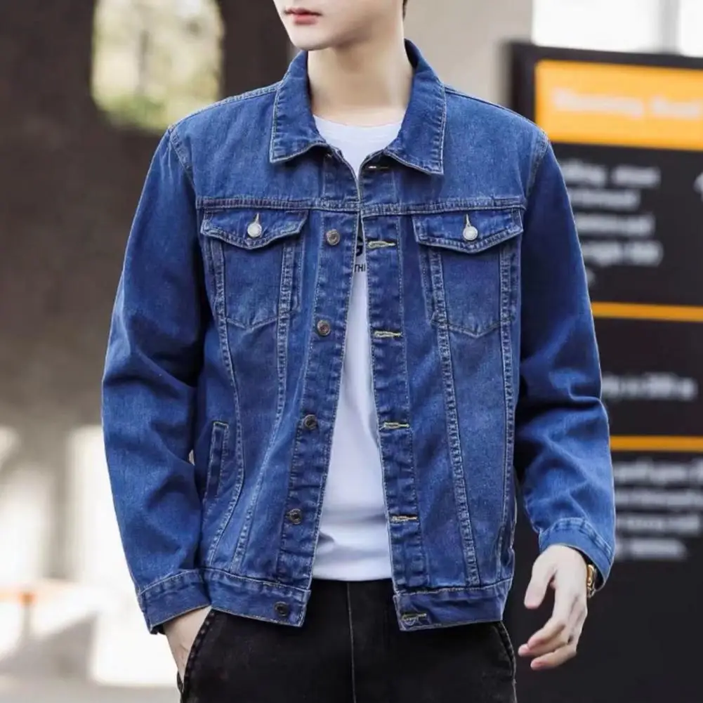

Autumn Long Sleeve Multi Pockets Single-breasted Jackets for men Loose Turn-down Collar Denim Jacket Coats Male chaquetas hombre