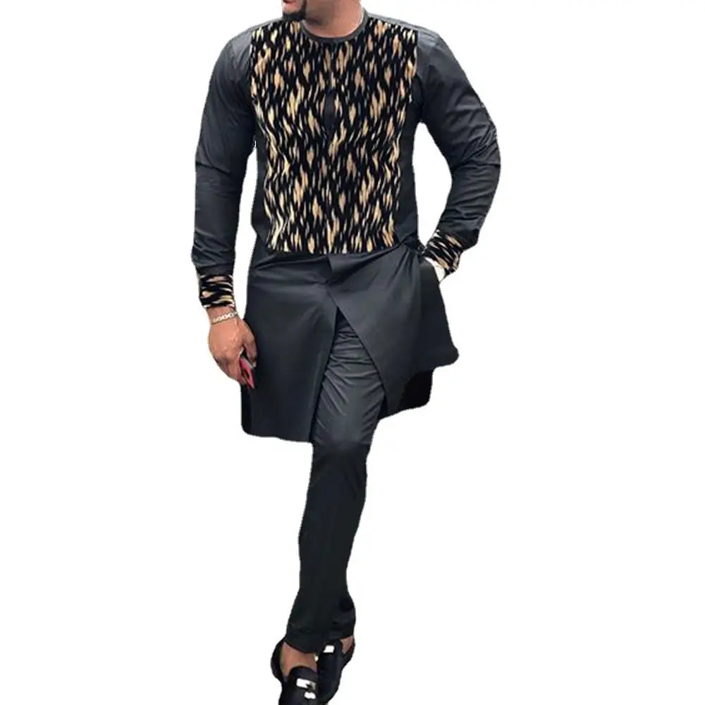 

African Tribal Men Chieftain Traditional Leopard Print Collarless Black Digital Printing Summer Men's Casual Slim Shirt Tops