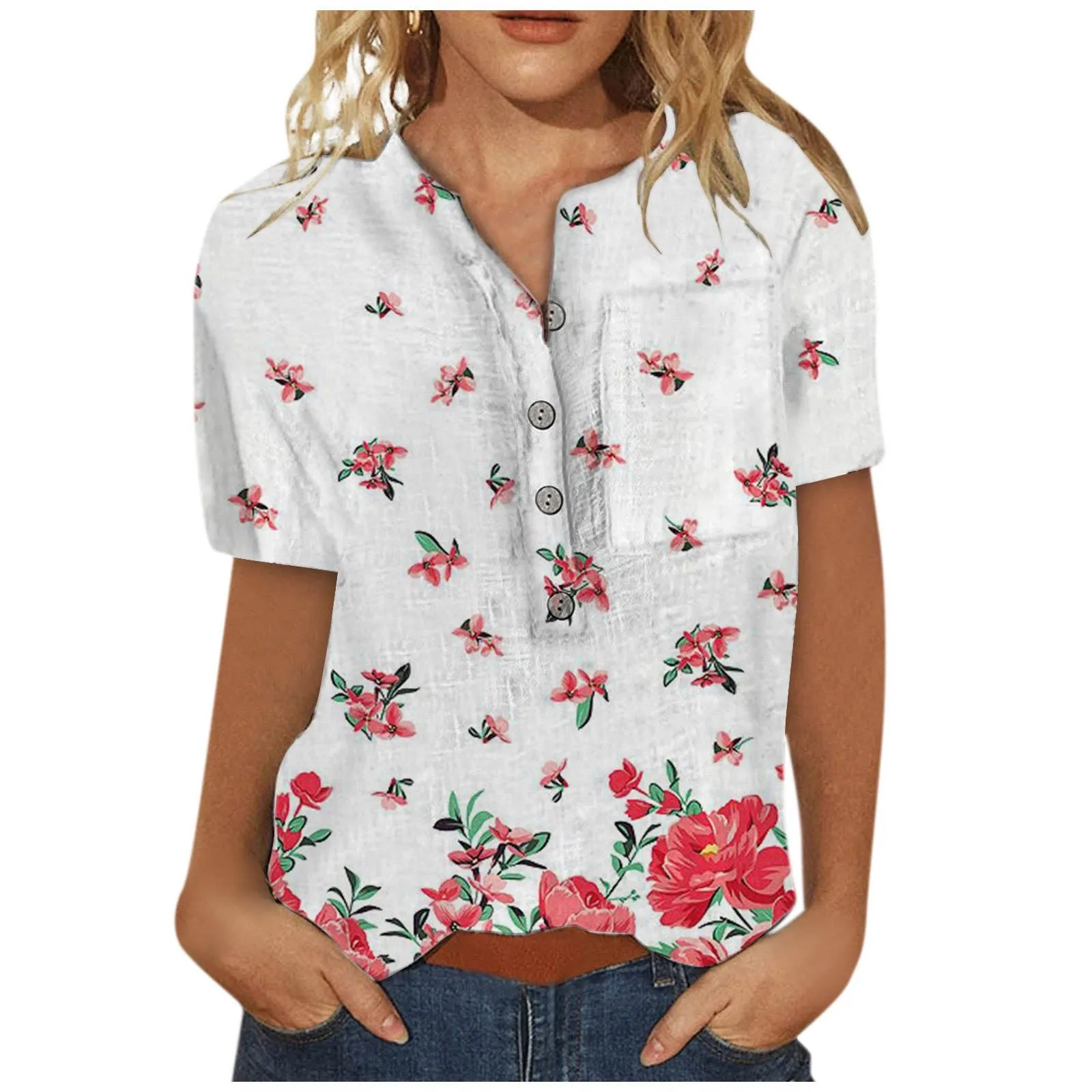 

2022 Women's New Summer Fashion Casual Linen Shirt Round Neck Printing T-shirt Short Sleeve Tops Loose Blouse fashion S-4xl
