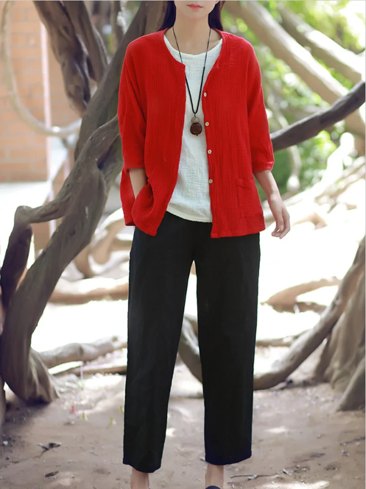 

2023 Summer Cotton Cardigans Chinese Style Women Loose Blouse Casual Soft Thin Coat Chic Cardigan Plus Size Coats