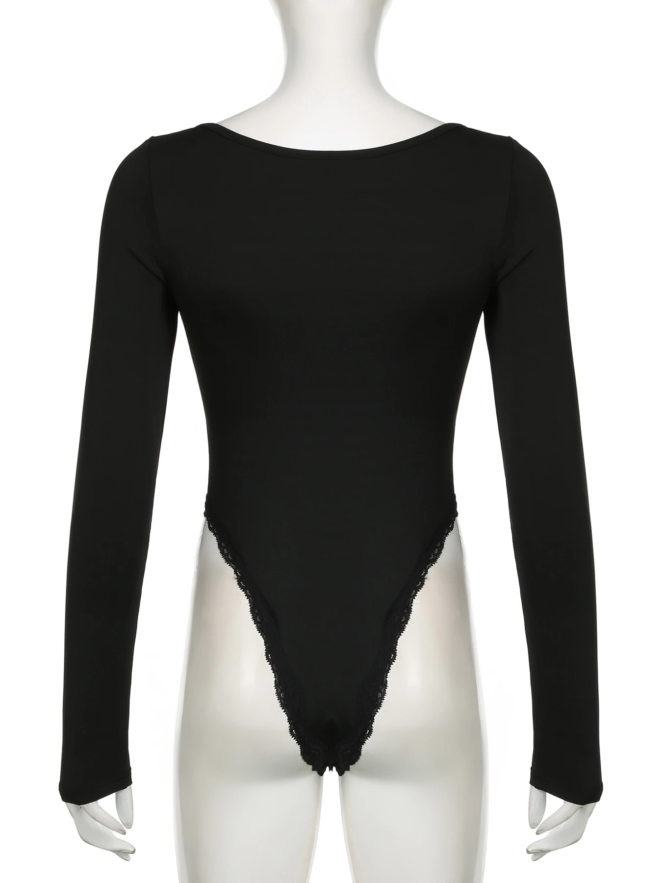 Женское боди с кружевной отделкой квадратным вырезом и длинным рукавом