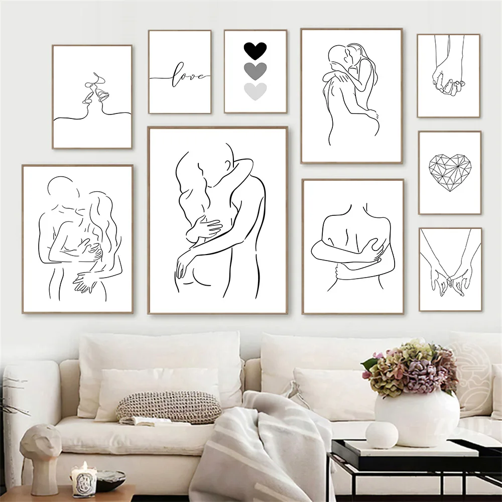 

Print Couple Wall Art PaintingCanvas Line Drawing Couple Hand Love Kiss Posters And Prints Nordic Pictures Living Room Decor