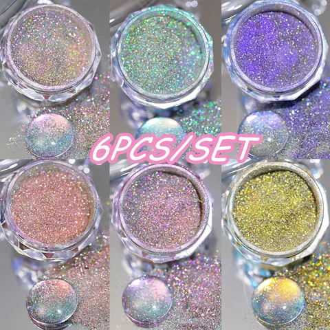 Набор из 6 цветов, блестящая светоотражающая пудра для ногтей, Аврора, вспышка, кристалл, алмазный пигмент, УФ-гель-лак, украшение для ногтей, маникюр, художественная пыль