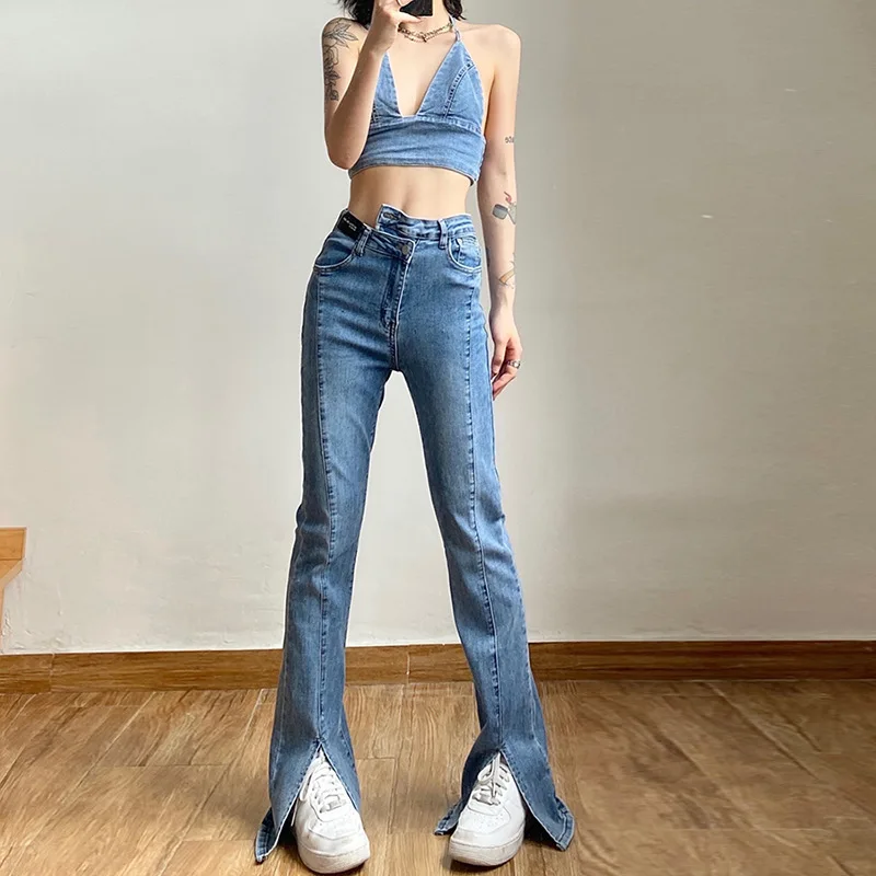 

Classic Solid Color Tight Elastic Long Jeans Wild Retro Fashion Vommuting Youth Vitality Bright Line Women's Split Flared Pants