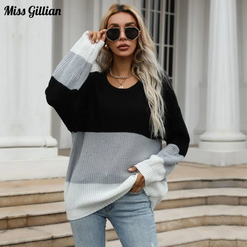 

Женский свитер, осенне-зимний пуловер в стиле пэчворк, Женский Топ с длинным рукавом и круглым вырезом, однотонный Повседневный свободный Удобный джемпер