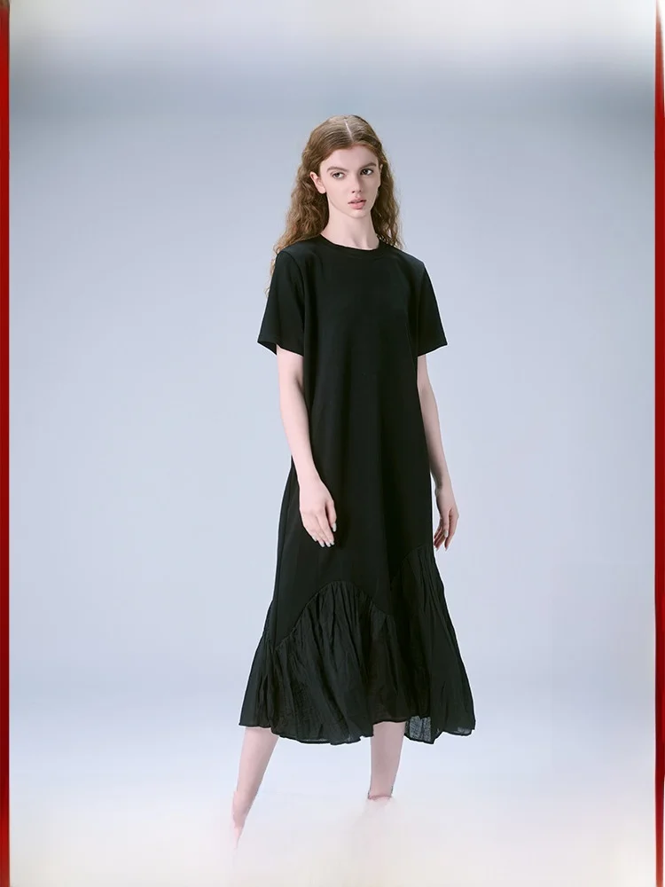 A02 Юбки с короткими рукавами и круглым вырезом Черное платье 2024 Новое женское