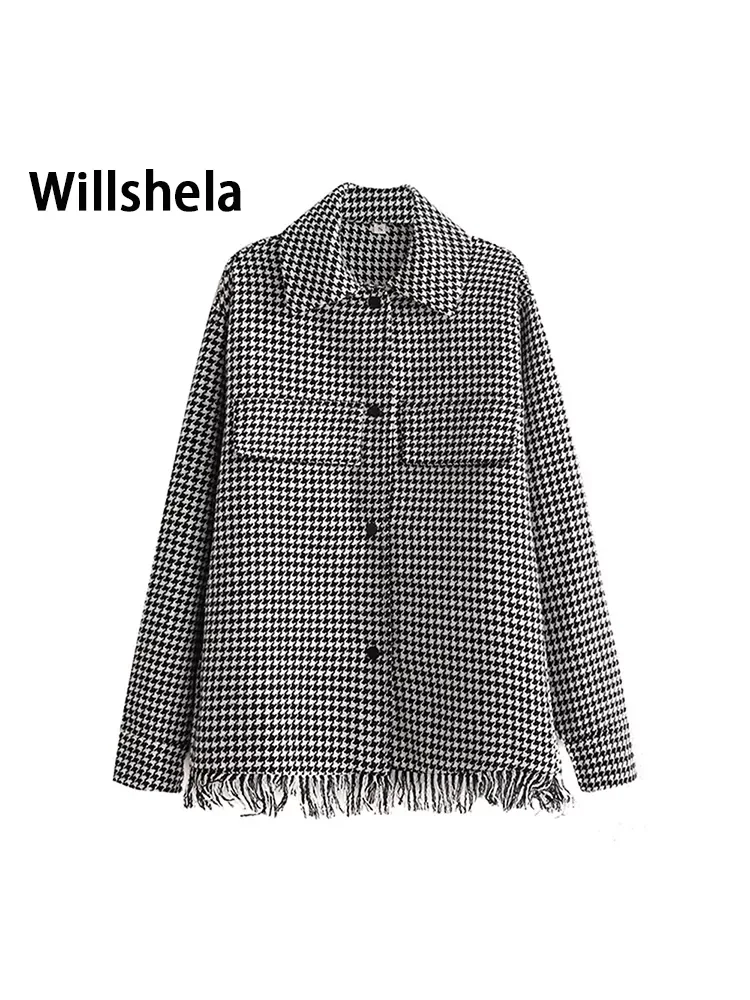 

Новинка 2022, Женская куртка с рисунком «гусиные лапки», верхняя рубашка с отделкой бахромой и грубыми краями, шикарная женская мода, повседне...