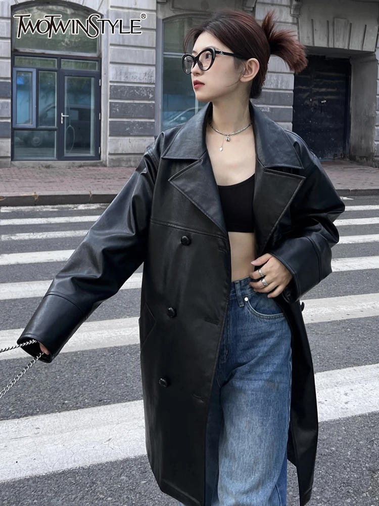 TWOTWINSTYLE High Street Black Pu Leather Jacket For Women Lapel Collar Long Sleeve Double Breasted Jackets Female 2022 Clothing