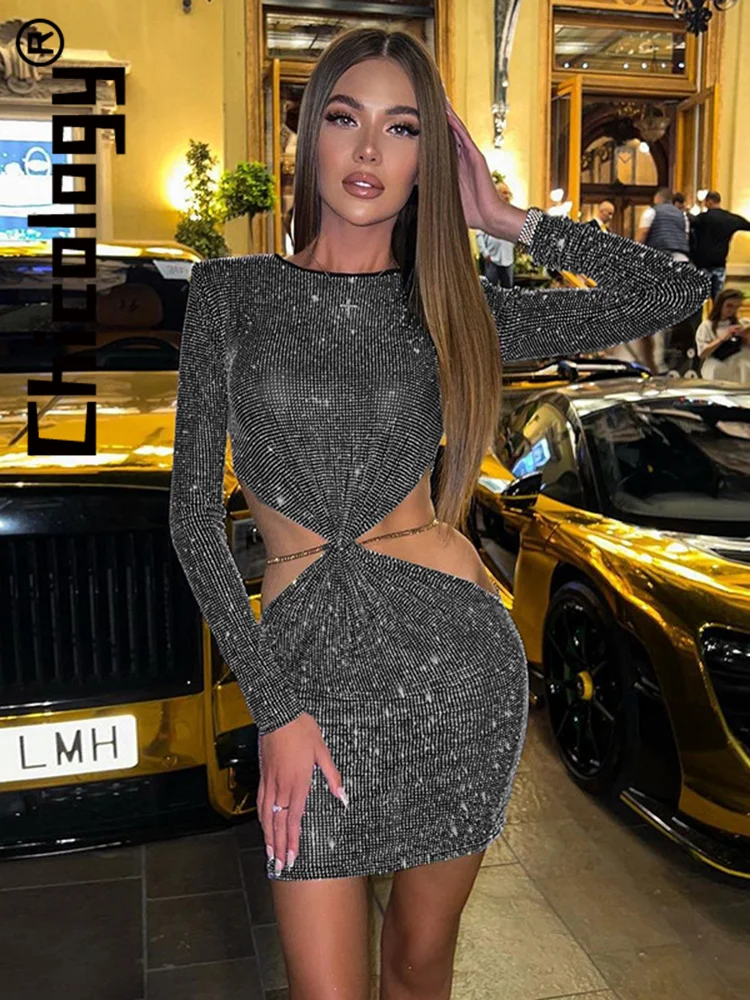 

Chicology Sexy Bing Hollow Out Chain Slim Bodycon Mini Dress Party Club Streetwear Festival Evening Summer Autumn Women Outfit