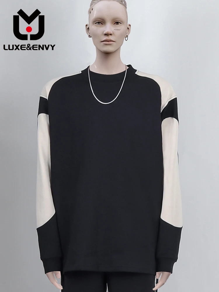 

LUXE&ENVY Men's Rotator Cuff Splicing Loose Vintage Casual Base Long Sleeve T-shirt Pure Cotton Top Spring Autumn 2023 New