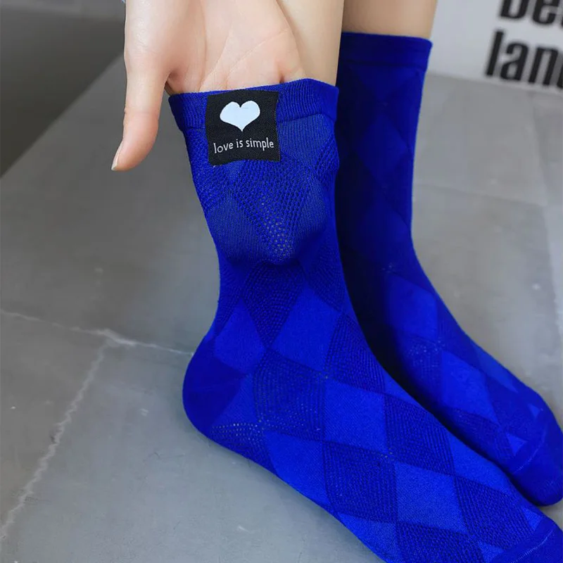 6 Pairs Cloth Label Heart Socks Women Lingge Long Winter Socks Cute Cotton Cycling Socks Kawaii Fashion Street Japanese Style