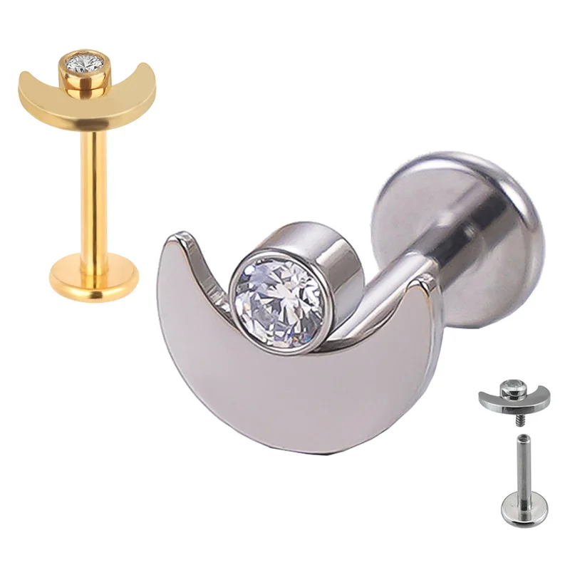 

ASTM F-136 Titanium PIERC Lip Stud moon shape with CZ Center Internal Thread Labret Tragus Helix Ear Studs Piercing Body Jewelry