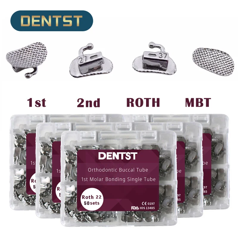 50Sets/200Pcs Orthodontics Dental 1St 2Nd Molar Bondable Buccal Tubes Non-Convertible Mesh Base Single Tube Roth Mbt 0.022