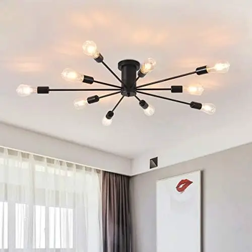 

Flush Mount Ceiling Light, 10-Light Modern Black Sputnik Chandelier Industrial Ceiling Lamp for Kitchen Dining Room Living Room