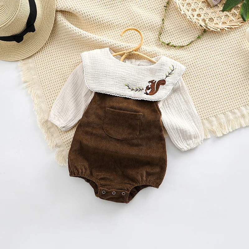 RiniKinda Autumn Baby Boys Girls Clothes Set Baby Embroidered Bodysuit And Toddler Corduroy Overalls Jumpsuit Infant Outfits