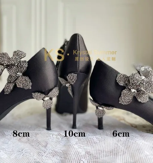 Туфли-лодочки женские атласные высокий каблук заостренный носок кристаллы