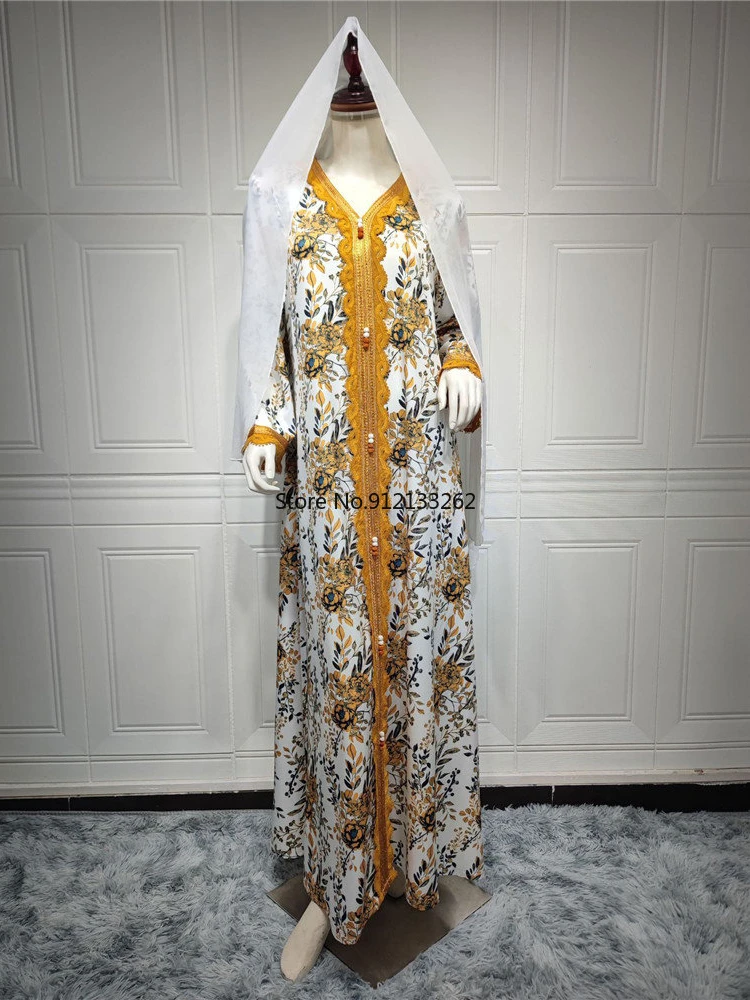 Elegant Women's Dresses For Party 2023 Elegant Floral Printed V-Neck Tape Trim Moroccan Kaftan Muslim Abaya Dress Dubai Ramadan