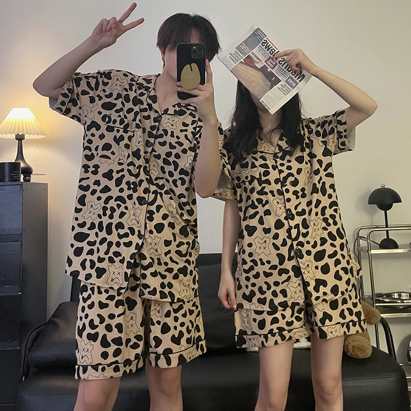 Leopard Grid Print Couple Cool Short Pajamas Suit Milk Silk Thin Casual Sleepwear Summer Shorts Lovers 2-piece Set Soft Homewear