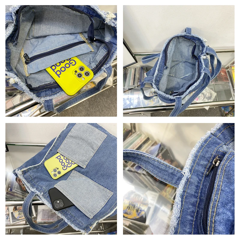 Frayed Women's Bag 2022 Trend Denim Shoulder Messenger Bag Mori Style Handbags Jeans Shopping Eco Bag Unisex Commuter Tote Bag