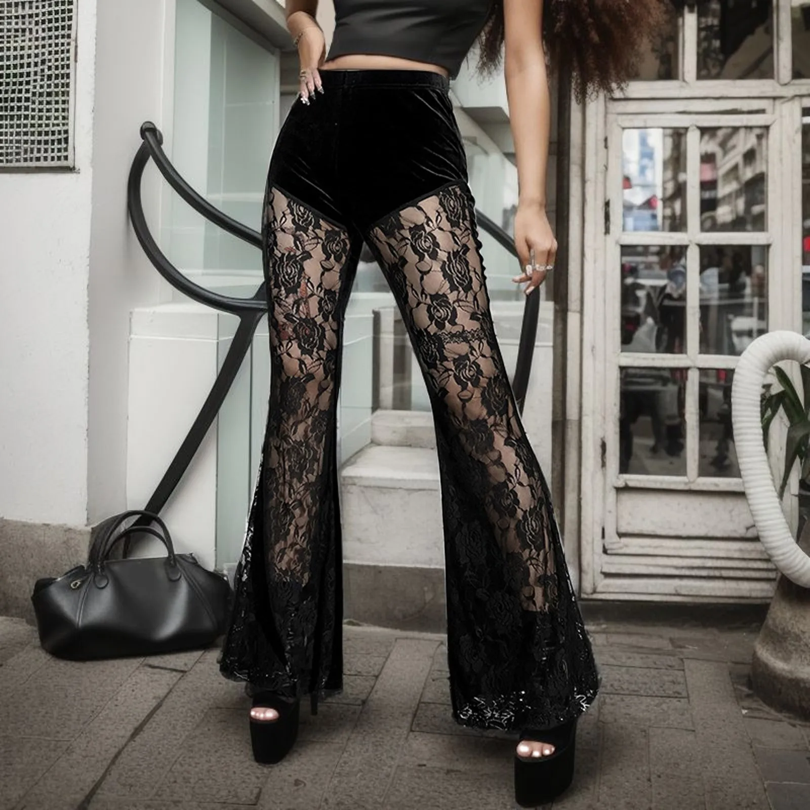 

Gothic Black Summer Flare Pants Women Lolita Streetwear See Through Sexy High Waist Pants Aesthetic Punk Grunge Trousers