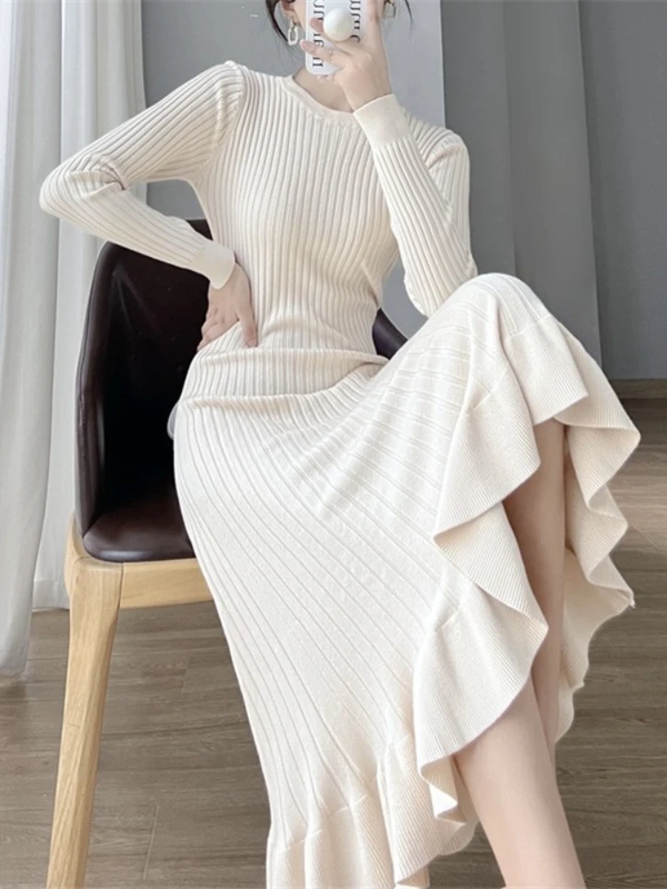 

Women's Autumn Dress Sweater Fish Tail Elegant Knee Length Underlay with Slim Fit Knitted Women's Clothing Long Dress Winter