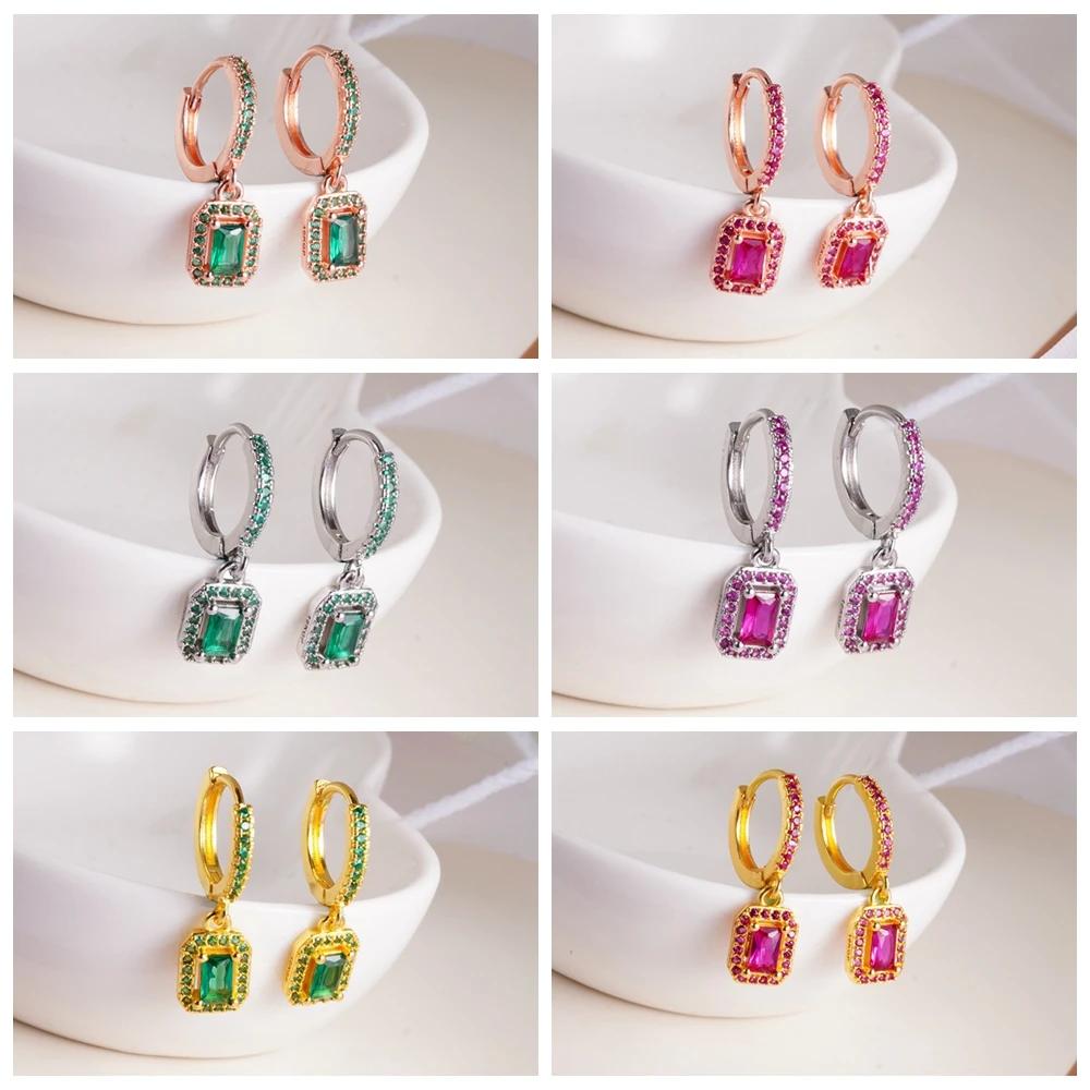 

ESSFF Square Green/Red AAA CZ Earrings for Women Rose Gold Color Dangle Hoops Silver Color Hoop Earring for Ladies Luxury Gifts