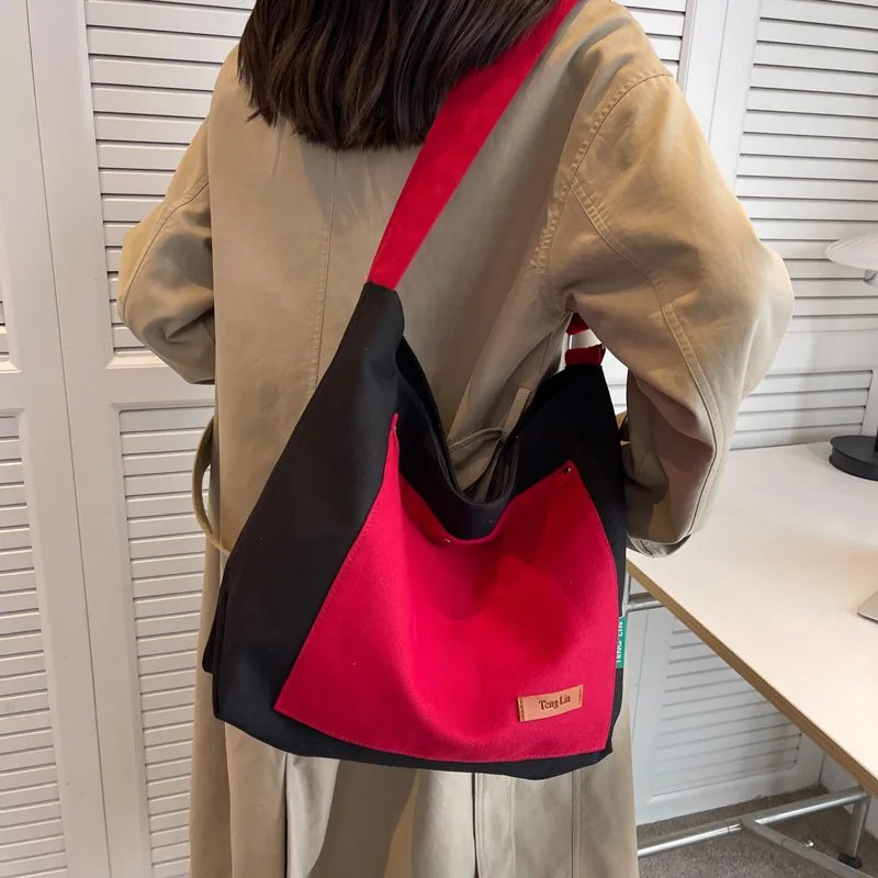 

Canvas Tote Bag Women Contrast Color Patchwork Shoulder Bag Female Underarm Bag Fashion Student Large-Capacity Crossbody Bag