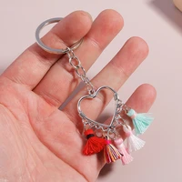 1pc bohemian handmade tassel hollow heart keychain key rings pompom car hand bag hanging key chains for women girls