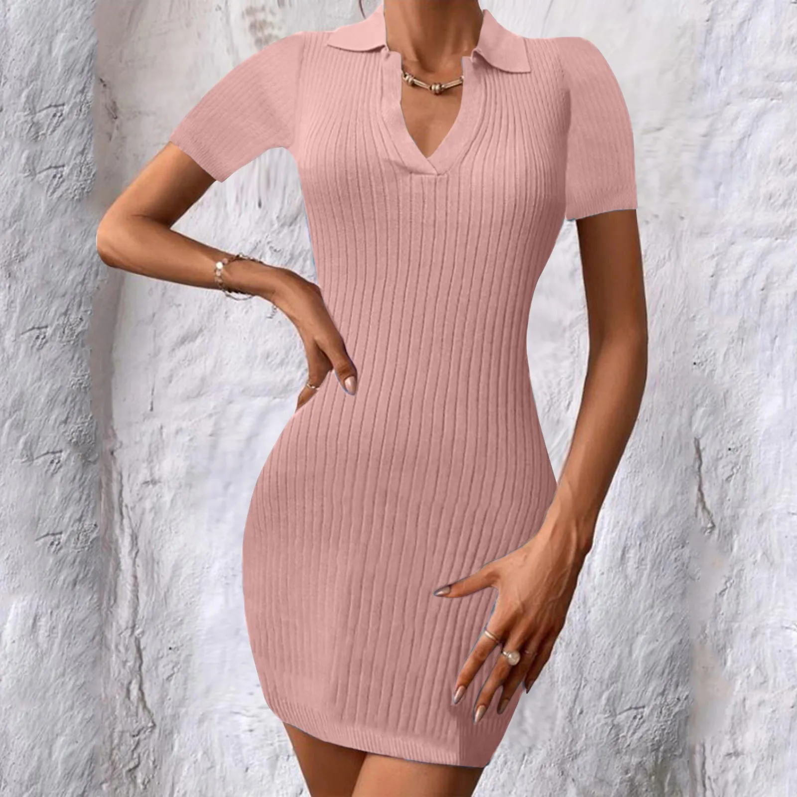 

Womens Short Sleeve Soild Color Turndown CollarFront Sexy Club Bodycon Dress Party Fitted Dress Womens Winter Midi Dresses