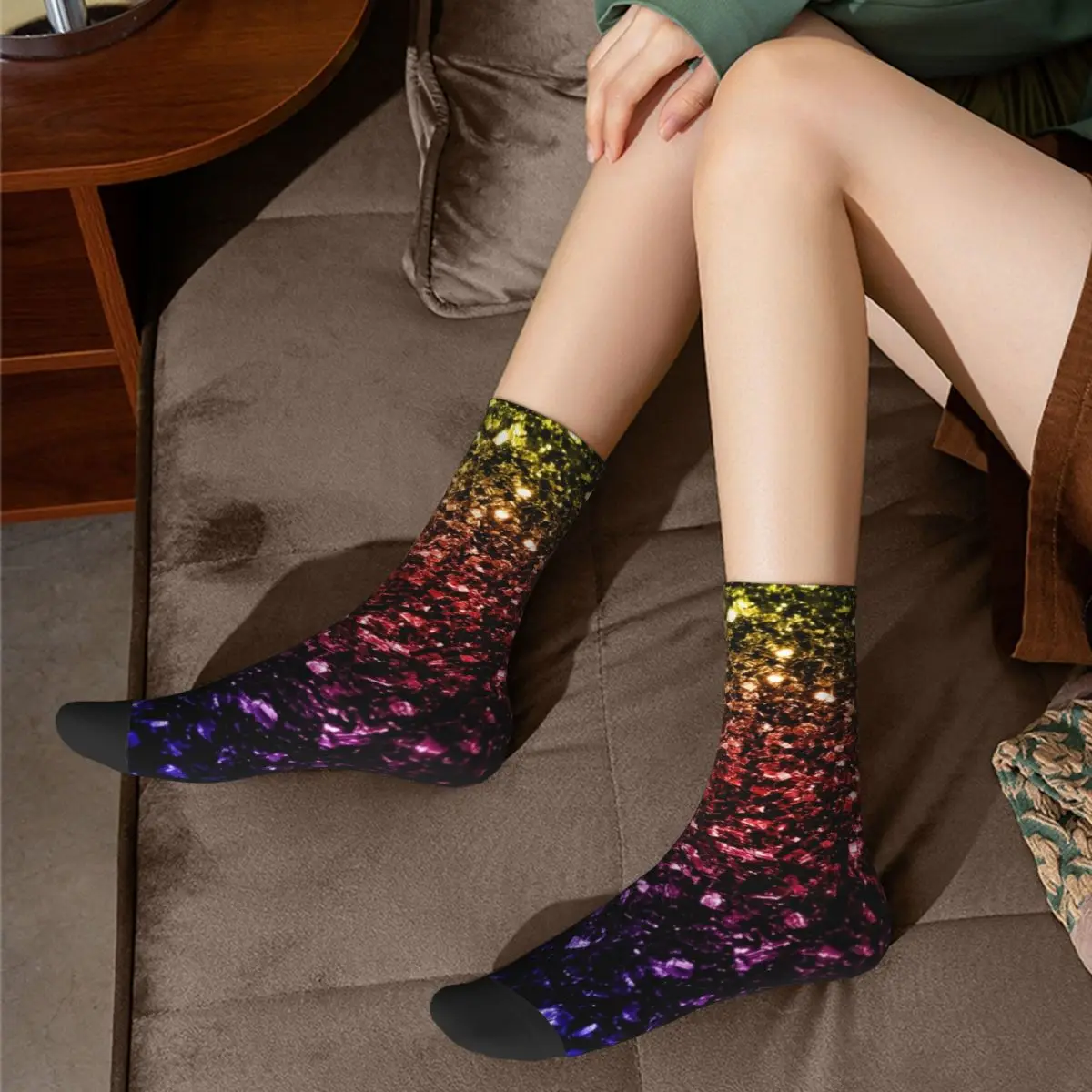 

Colourful Sparkle Glitter Socks Rainbow Print Bed Matching Mid Stockings Large Chemical Fiber Funky Teenage Socks