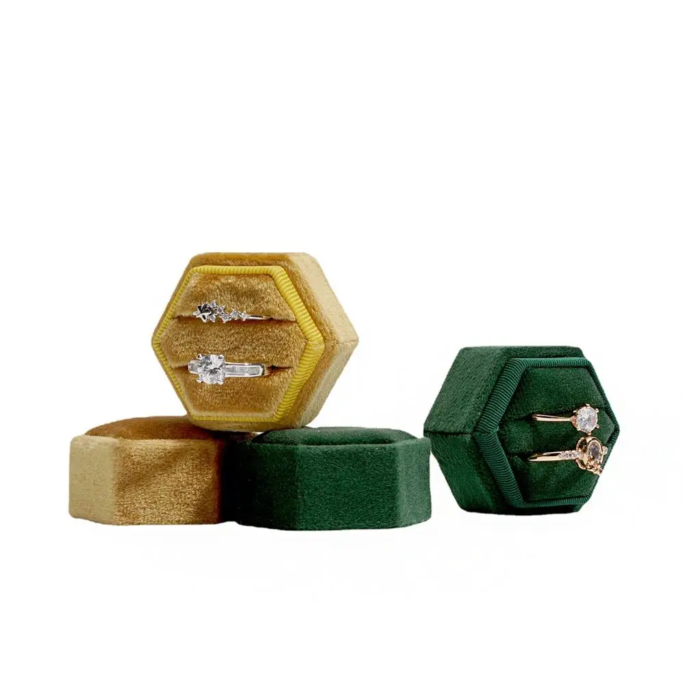 

Flannel Hexagon Wedding Ring Jewelry Box Velvet Pendant Necklace Boxes Gift Box French Vintage Double Ring Packaging Box
