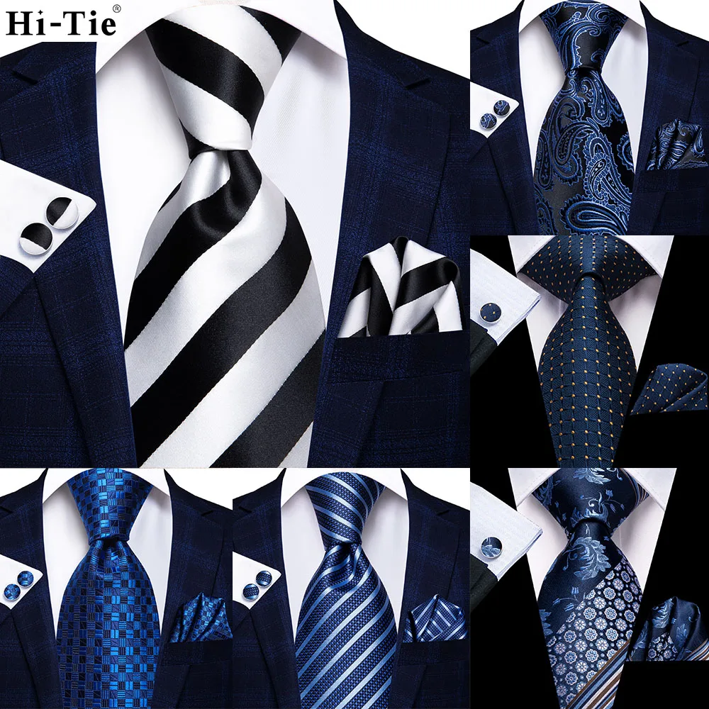 

Black White Striped 63inch Silk Men Extra Long Ties for Men Woven Classic 160cm Mens Necktie Pocket Square Set Cufflinks Hi-Tie