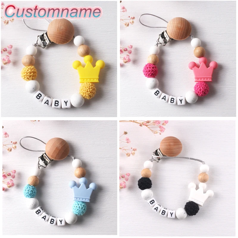 

Newborn Custom Name Personalise Beech Baby Pacifier Clips Holder Chain Chew Silicon Crown Infant Teether Teething Children Gift