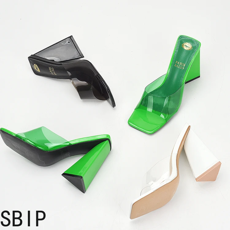 

Женские прозрачные Шлепанцы из лакированной кожи, зеленого цвета, без застежек, на очень высоком массивном каблуке
